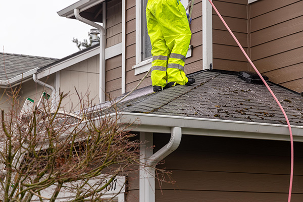 brown home with professional in yellow cleaning suit cleaning the roof of brown home